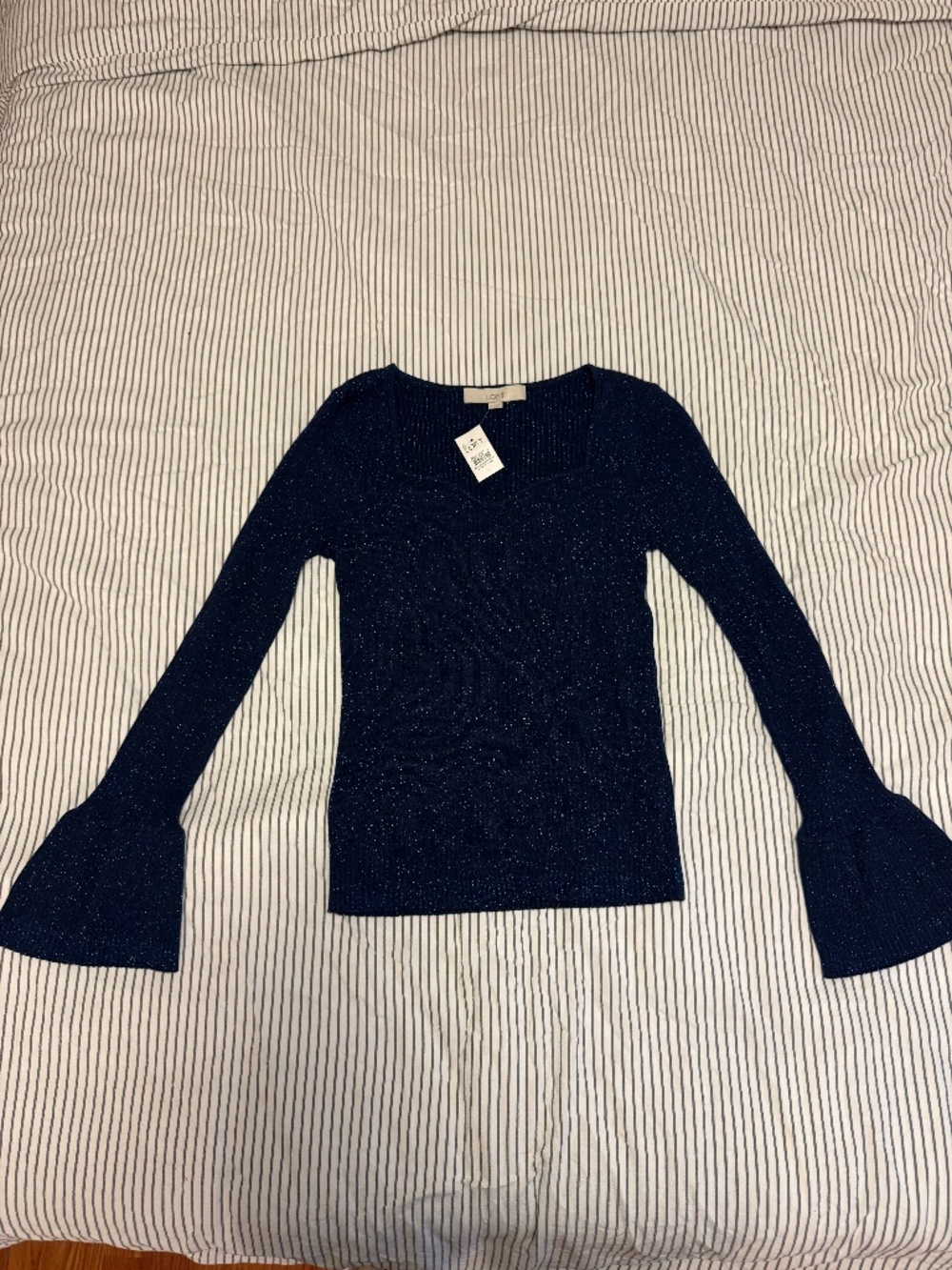 LOFT Navy Blue Metallic Shimmer Sweater S NWT - Bell Sleeve Sweetheart Neck Holi